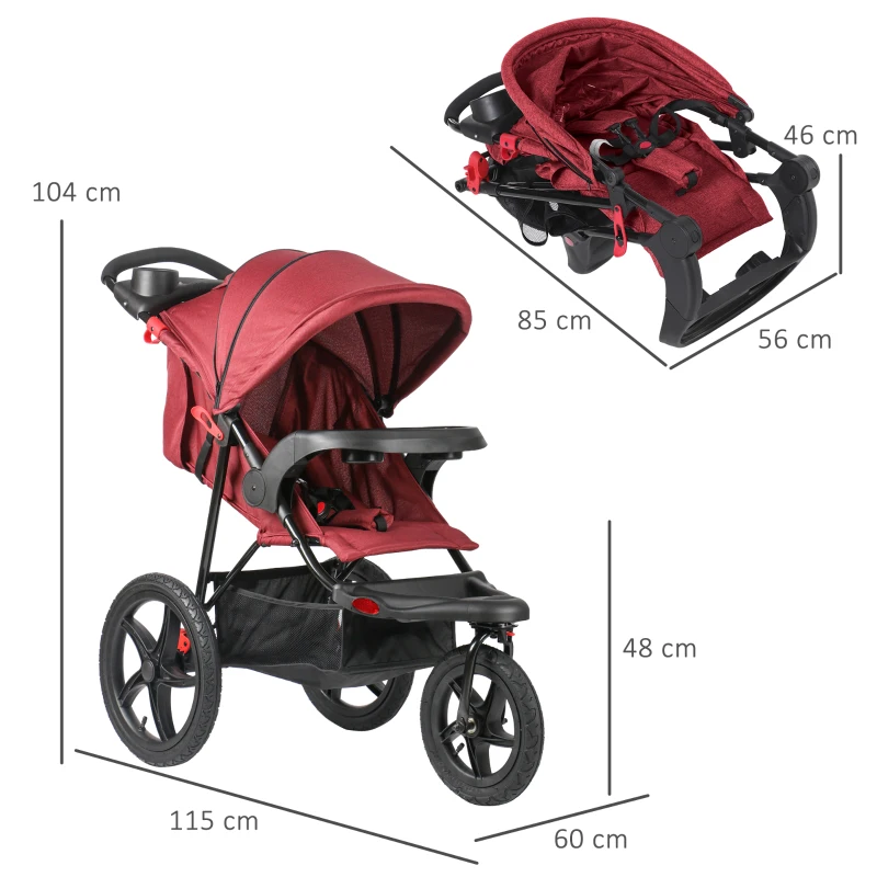HOMCOM Triciclo Leggero Reclinabile e Pieghevole, Carrozzina per Bambini 6-36 Mesi Fino a 15kg con Portabicchieri, Rosso