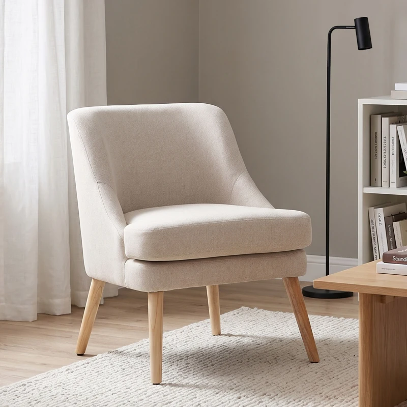 HOMCOM Fauteuil Scandinave Confortable pour Salon et Chambre, Pieds en Bois Massif, Revêtement en Tissu Lin, Beige
