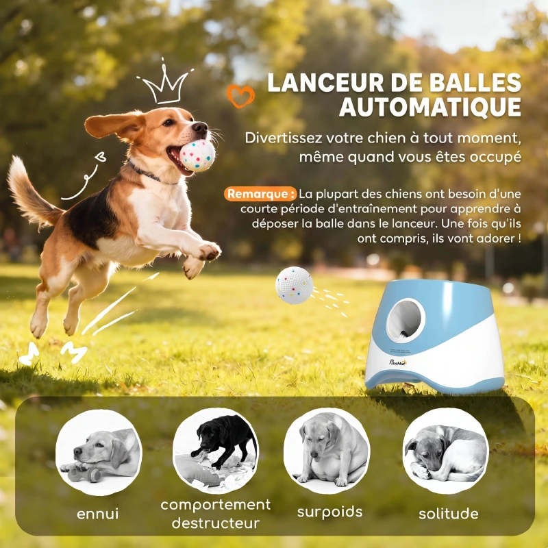 PawHut Lanceur de Balles Automatique avec 3 Balles en ETPU, 3 Réglages de Distance 6m/10m/14m, Intérieur et Extérieur, Bleu