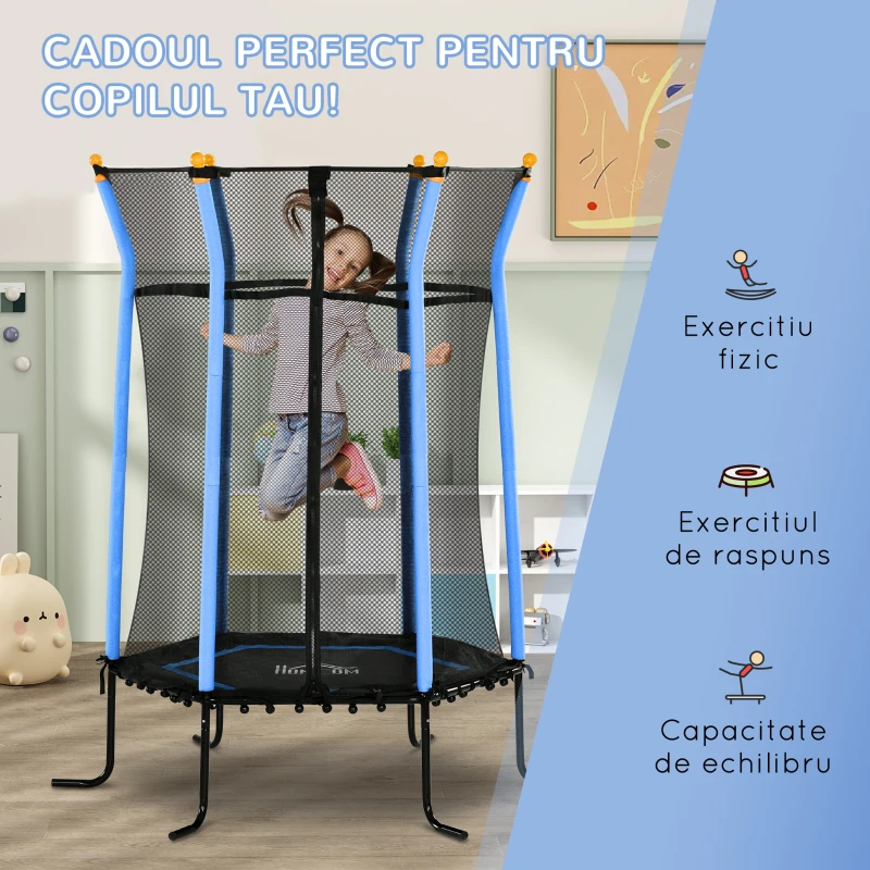HOMCOM Trambulină pentru Copii cu Intrare cu Fermoar și Stâlpi Căptușiți, din Oțel, PP și EPE, 122L x 111A x 190Î cm, Albastru