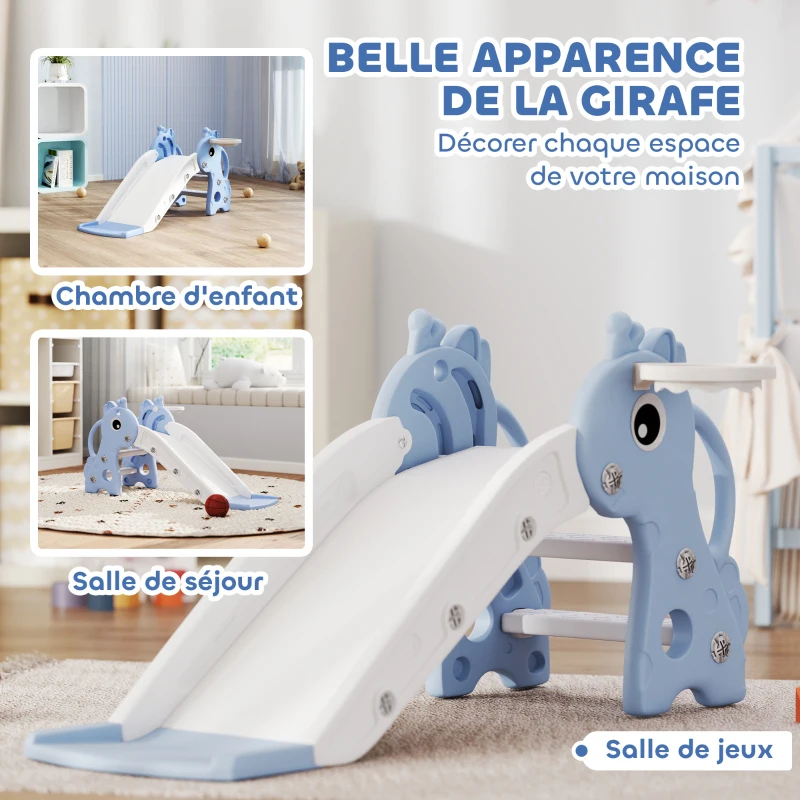 AIYAPLAY Toboggan pour enfants 3 en 1 en forme de girafe avec panier de basket, escalade et ballon, 106 x 51,5 x 52 cm, bleu