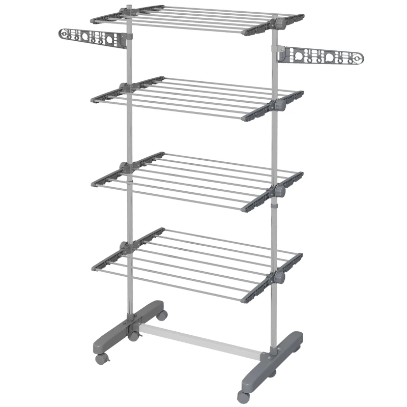 HOMCOM Tendedero Vertical de 4 Niveles con Ruedas 2 Laterales Abatibles Estantes Ajustables y Marco de Acero Gris y Plata