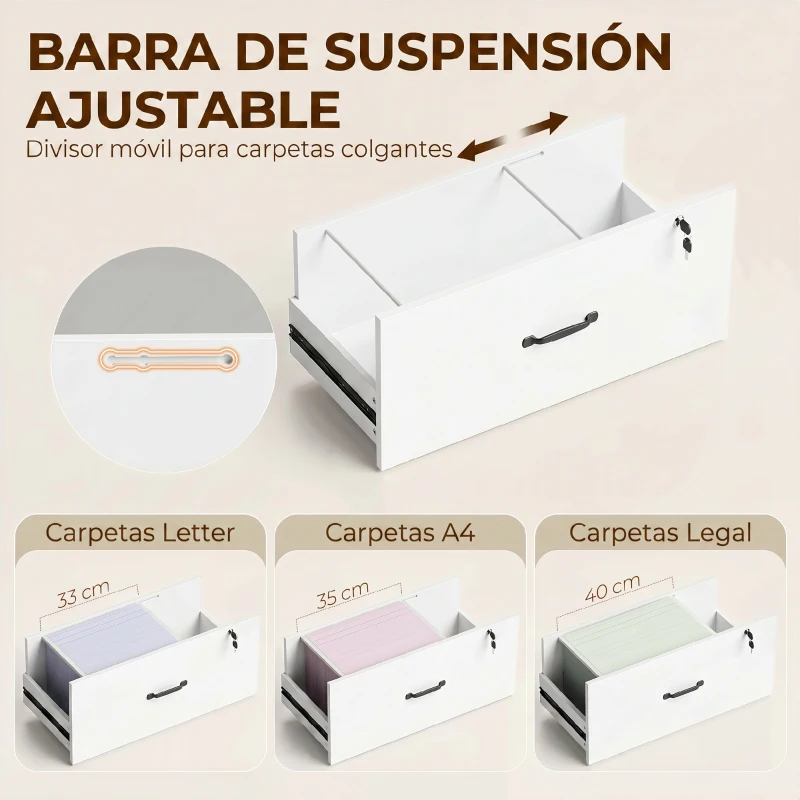 HOMCOM Mueble Archivador con Estantería 2 Cajones Encimera para Impresora Cerradura para A4 Letter Legal Blanco