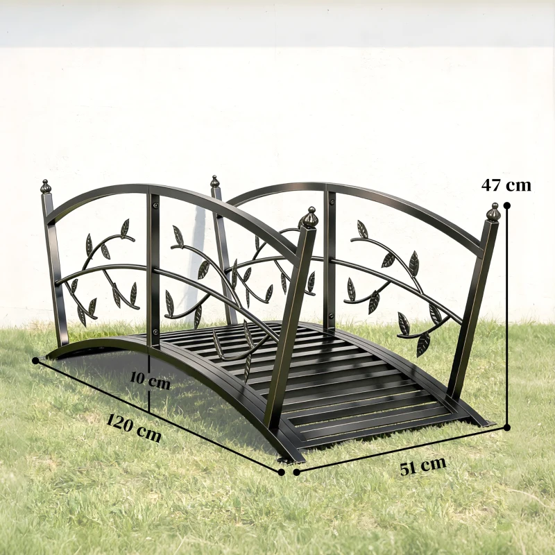 Outsunny Puente de Jardín Metálico 1,2 m Puente Decorativo para Estanques con Barandillas de Seguridad y Diseño de Hojas Negro