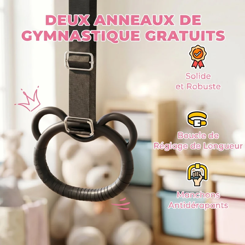 HOMCOM Barre de gymnastique pour enfants, barre horizontale pliable à hauteur réglable avec anneaux de gymnastique, rose