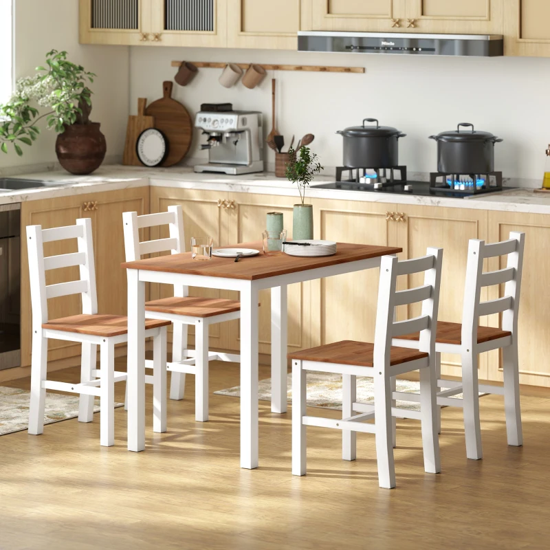 HOMCOM Eetset met eettafel en 4 stoelen, eetkamerset van grenenhout, bruin+wit