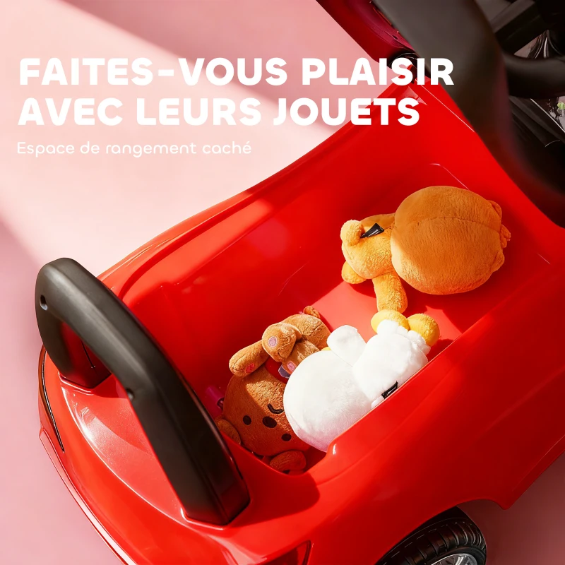 HOMCOM Porteur enfants voiture, véhicule à pousser avec coffre à jouets, klaxon, phares et musique, 63,5 x 28 x 36 cm, rouge