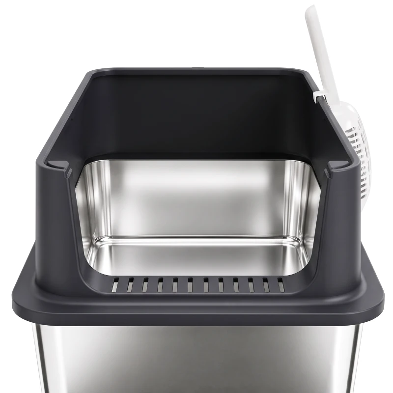 PawHut Set van 2 XL RVS kattenbakken met hoge rand en kap, 60 x 40 x 30 cm, halfopen, incl. 2 scheppen, voor grote katten tot 8 kg