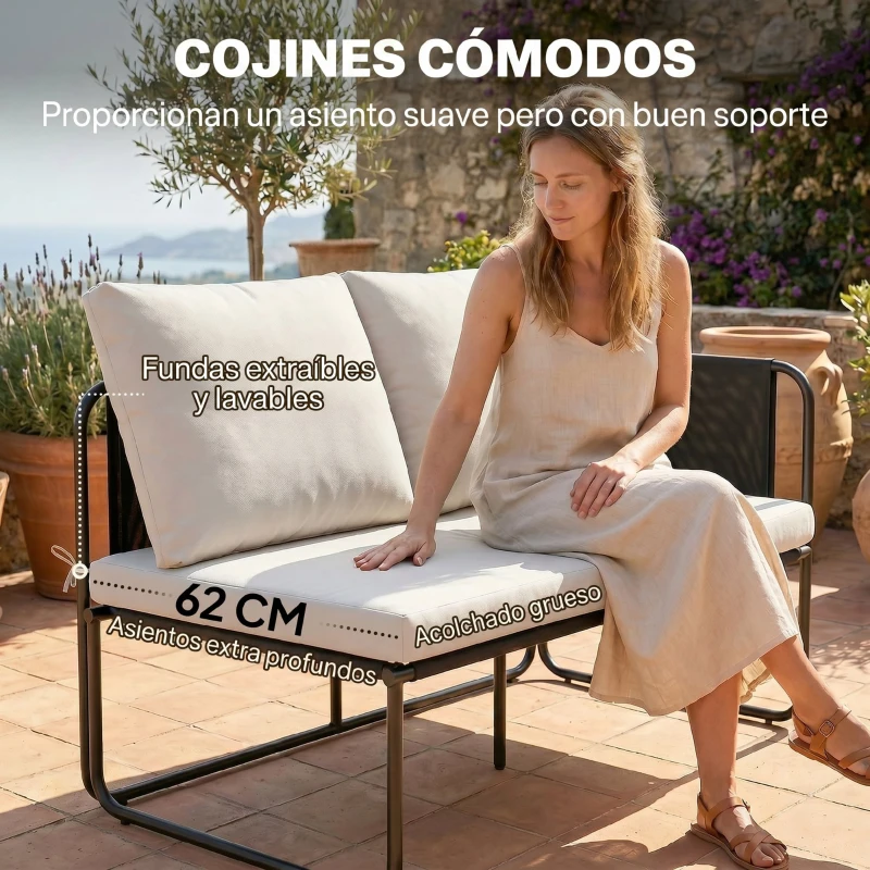 Outsunny Conjunto Jardín Exterior de 4 Piezas con 2 Sofás 2 Plazas 2 Mesas de Vidrio Cojines Fundas Extraíbles y Bolsillos Caqui