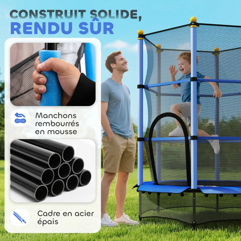 HOMCOM Trampoline Enfant Ø 1,40 × 1,90H m Filet de sécurité Porte zipée Couvre-Ressorts 6 poteaux rembourrés Inclus Bleu