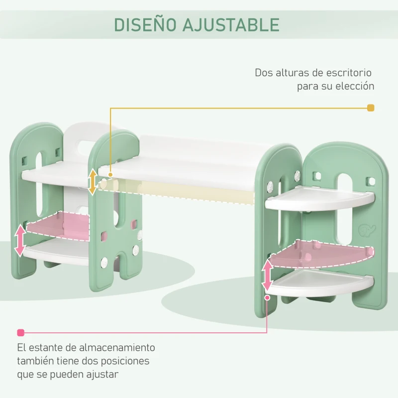 HOMCOM Juego de Mesa y Silla para Niños Pupitre Infantil 2 en 1 con 4 Estantes de Almacenaje para Libros Juguetes 150x35x62,5 cm Verde y Blanco