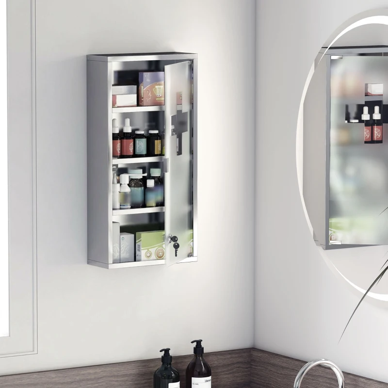 HOMCOM Armoire à Pharmacie 3 étagères 4 Niveaux 30L x 12l x 60H cm Porte Verre trempé Symbole Croix Acier Inoxydable brossé