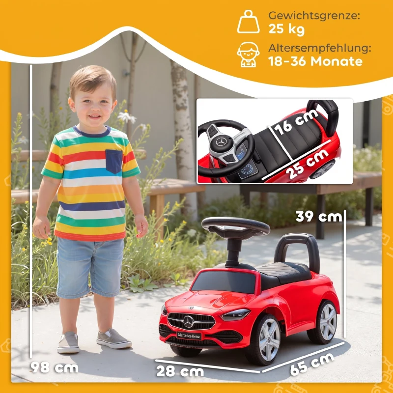 AIYAPLAY Mercedes-Benz C-Klasse loopauto met claxon, motorgeluiden en opbergruimte, 18-36 maanden, rood