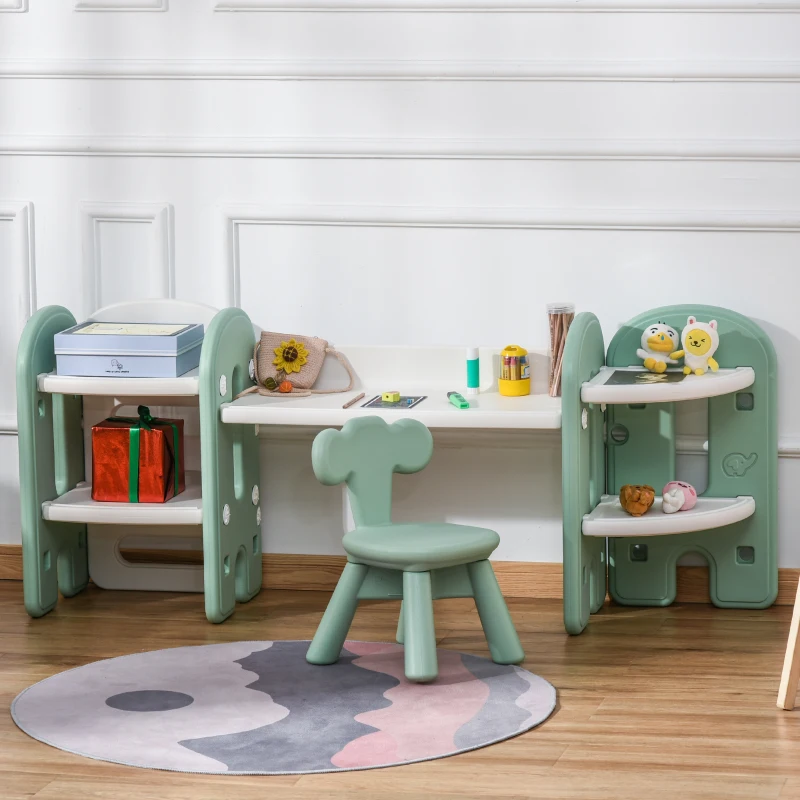 HOMCOM Juego de Mesa y Silla para Niños Pupitre Infantil 2 en 1 con 4 Estantes de Almacenaje para Libros Juguetes 150x35x62,5 cm Verde y Blanco
