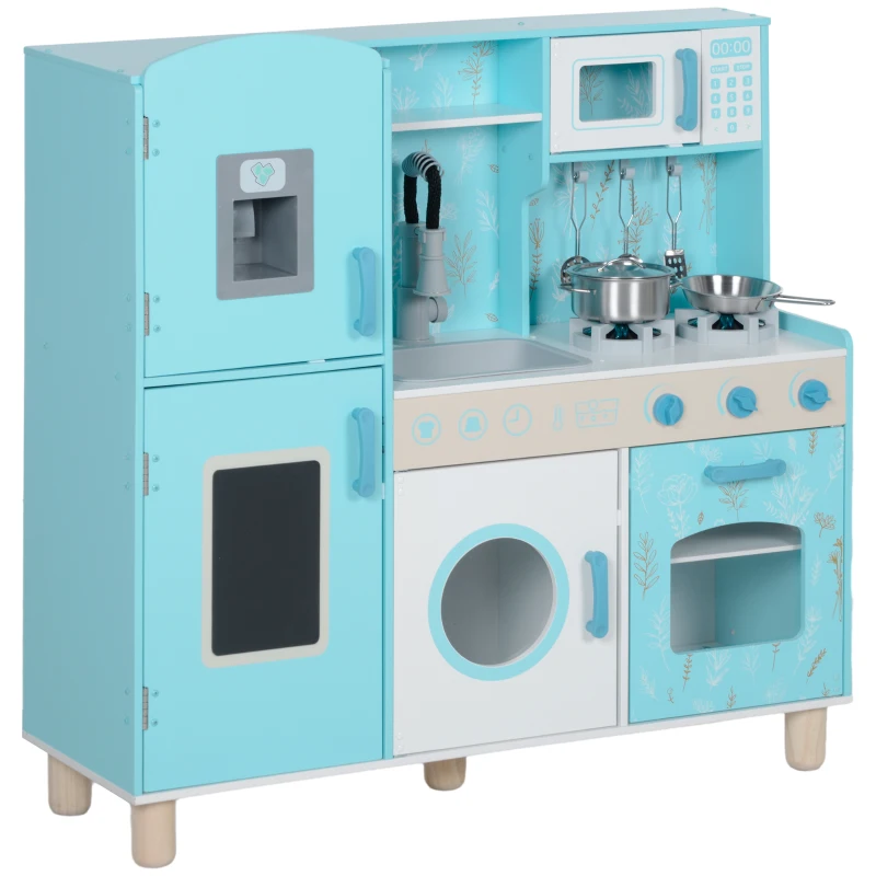 AIYAPLAY Cozinha de Madeira para Crianças com Sons Fogão Forno Micro-Ondas Máquina de Gelo e Acessórios 90x33,3x91,6 cm Azul