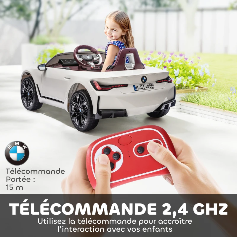HOMCOM Voiture électrique pour enfants licence BMW I4 12V avec télécommande MP3 Musique Lumières et Ceinture 115x67x45 cm Noir(m-5)