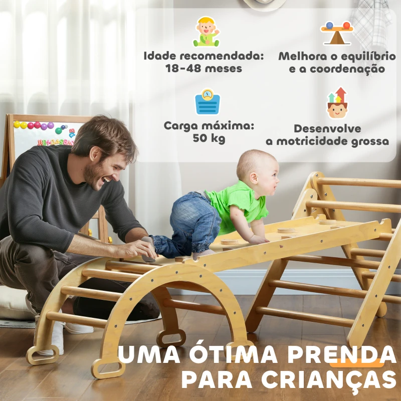 AIYAPLAY Triângulo de Escalada de Madeira 5 em 1 Escada para Crianças de 18-48 Meses com Rampa e Arco de Escalada 178x64,5x63 cm Madeira