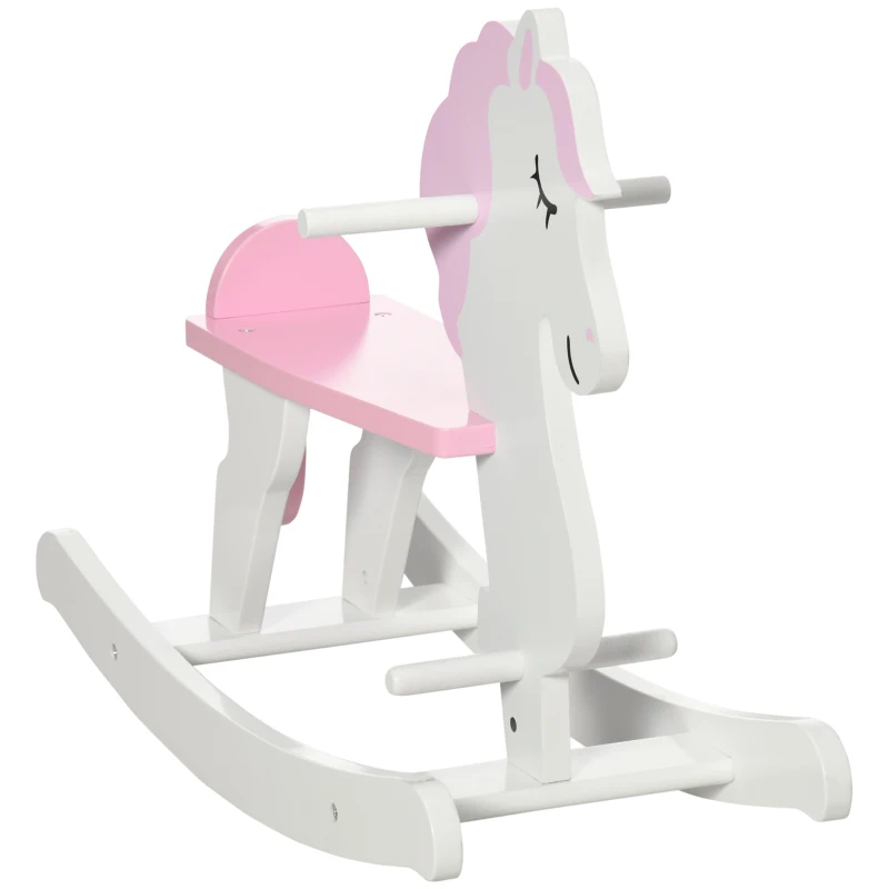 HOMCOM Caballito Balancín para Niños de 1-3 Años de Madera con Manillar y Pedales Carga 50 kg 68x27x51,5cm Blanco y Rosa