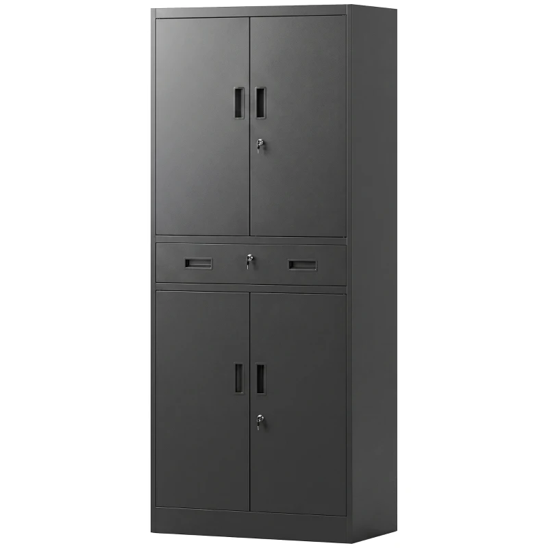 HOMCOM Metalen kast 180 cm, gereedschapskast met afsluitbare deuren, lade en verstelbare planken, zwart