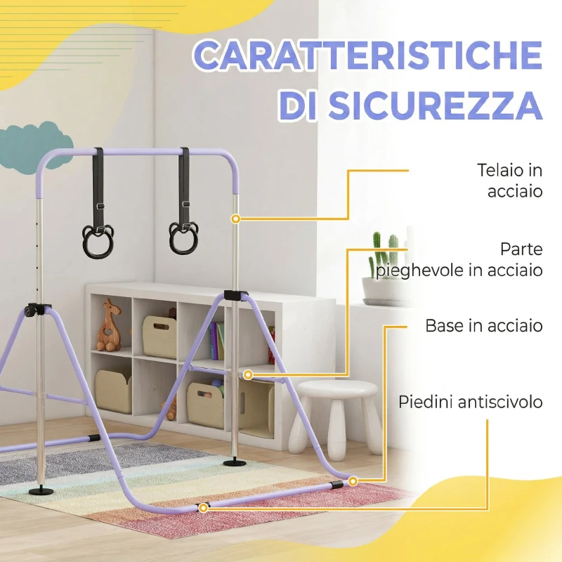 HOMCOM Sbarra Ginnastica Artistica per Bambini ad Altezza Regolabile con 2 Anelli, in Acciaio, 148x105x88-128 cm, Viola