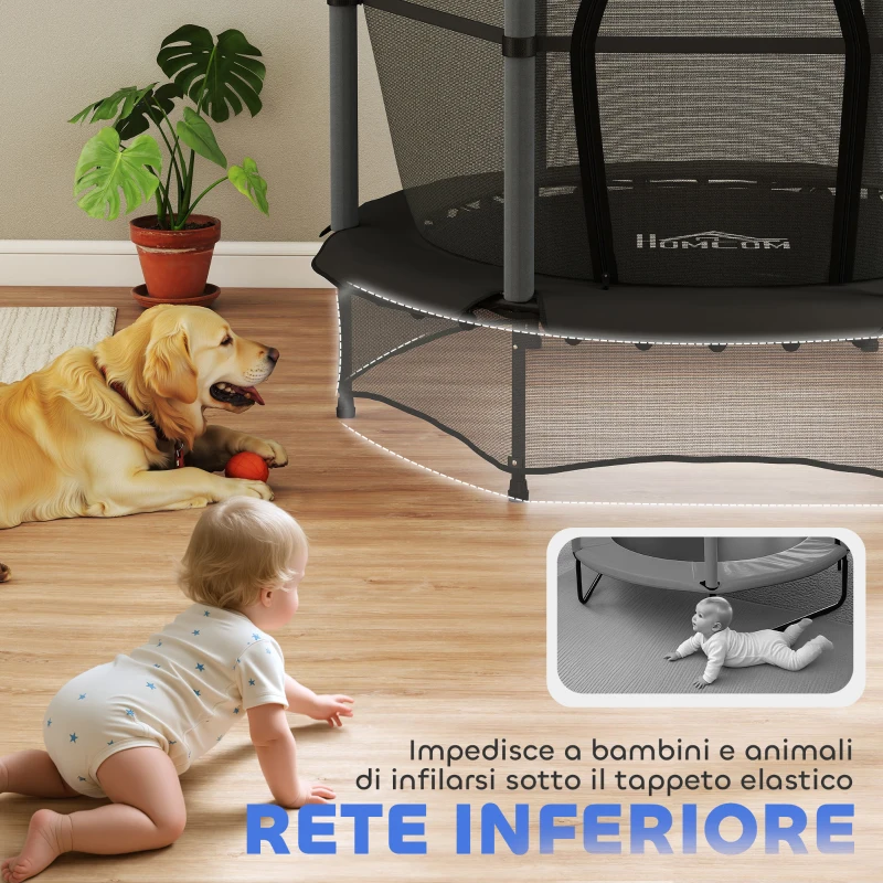 HOMCOM Tappeto Elastico per Bambini con Rete di Sicurezza e Pali Imbottiti Età 3-10 Anni, Ø140 x 190 cm, Nero