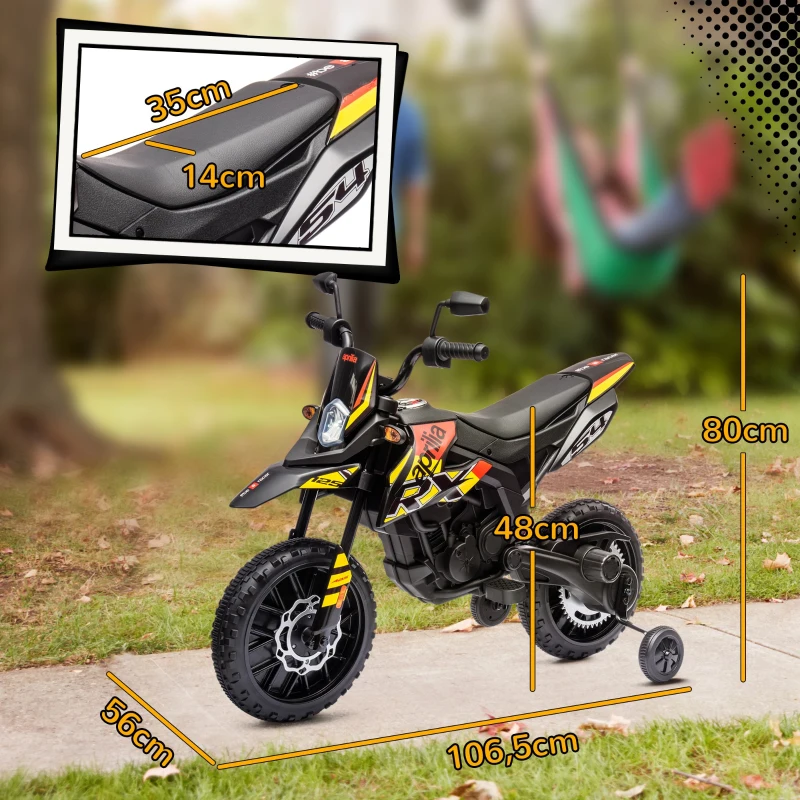AIYAPLAY Moto électrique enfants sous licence Aprilia avec 2 moteurs 12V, roues d'entraînement, lumière LED, musique - jaune