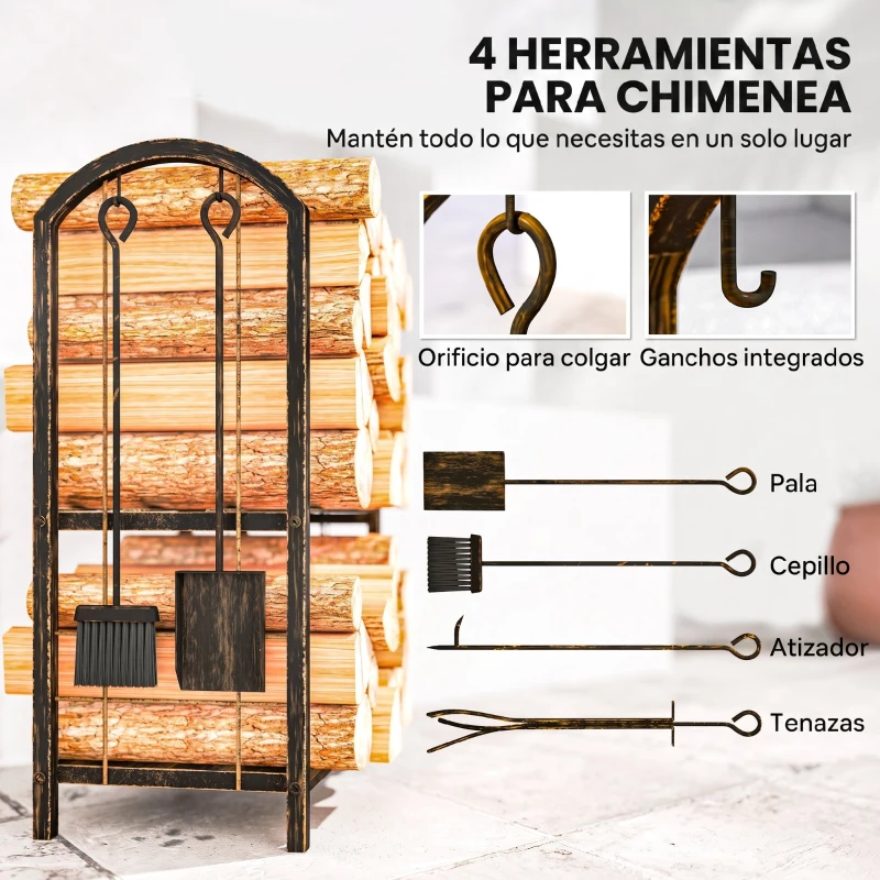 Outsunny Estante de Leña de Metal de 2 Niveles con 4 Herramientas para Chimenea y Ganchos 43x30x74 cm Marrón Oscuro