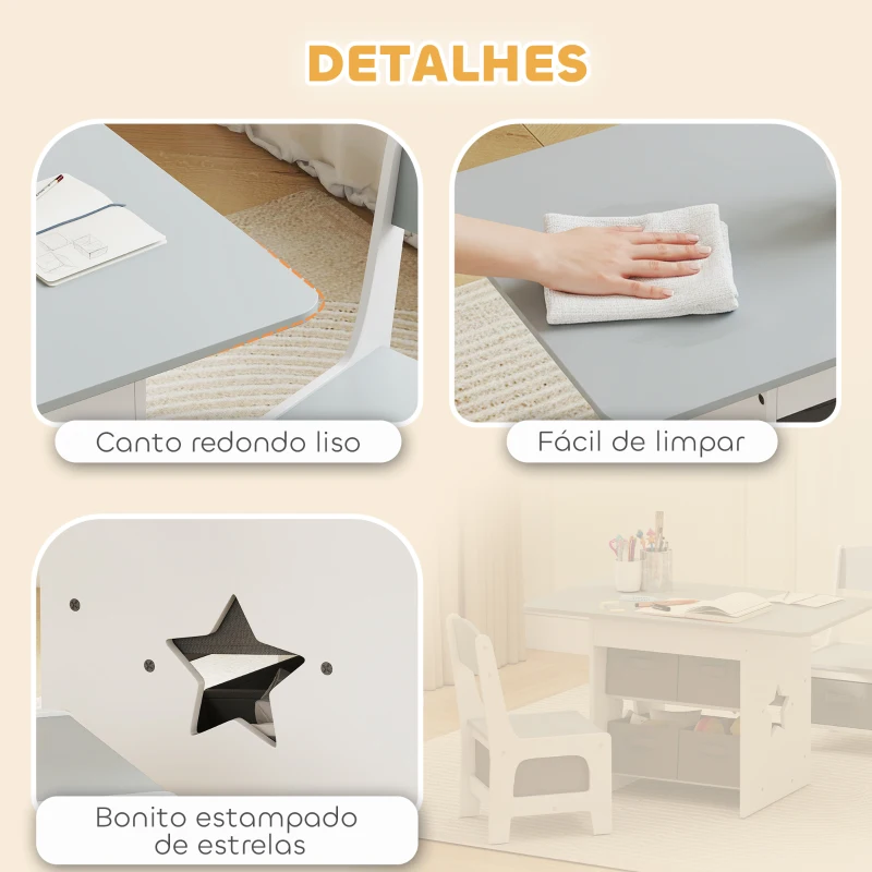 AIYAPLAY Mesa Infantil com 2 Cadeiras Mesa e Cadeiras para Crianças com 6 Gavetas de Tecido Desenho Estrelas Cinza Claro