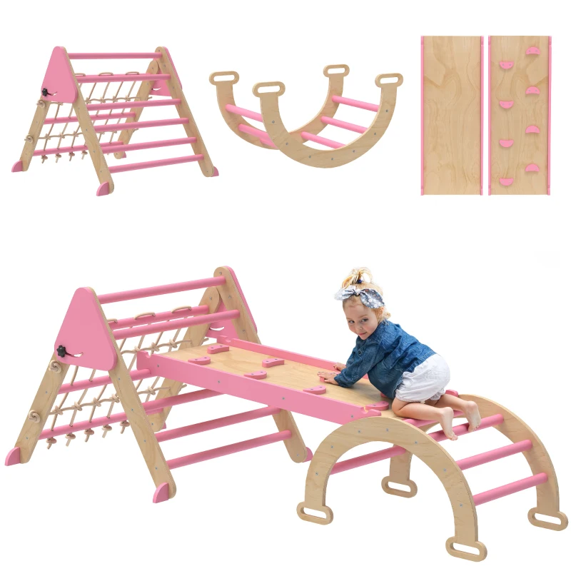 AIYAPLAY Triangle d'escalade enfants 8 en 1 avec rampe double face, arc d'escalade en bois avec toboggan & échelle, rose