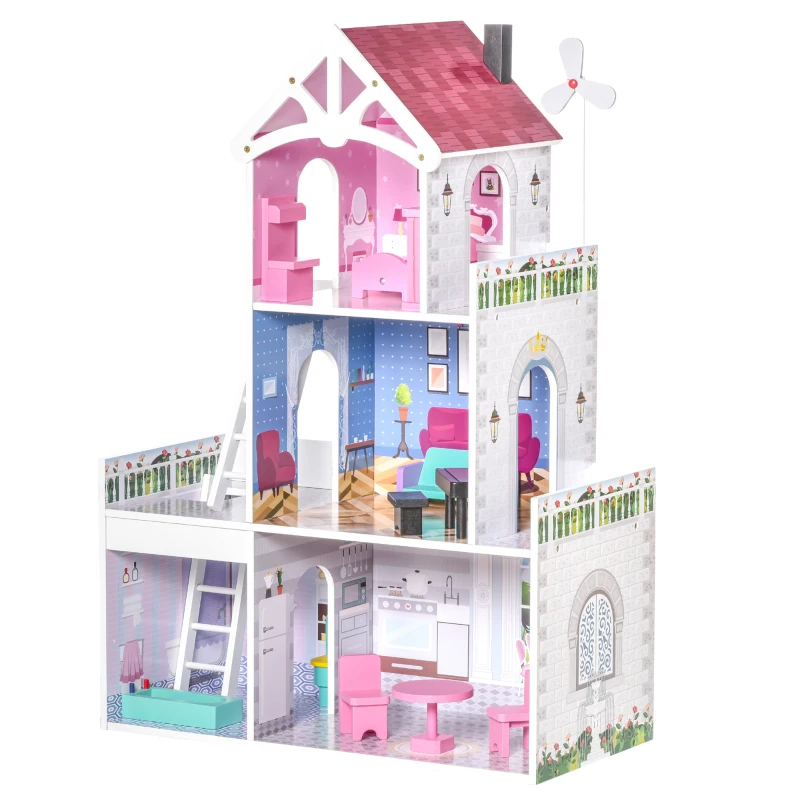 HOMCOM Kids Wooden Dolls house with Furniture Accessories 3 Storey Dollhouse for Toddler Girls 3-6 Years Pink
