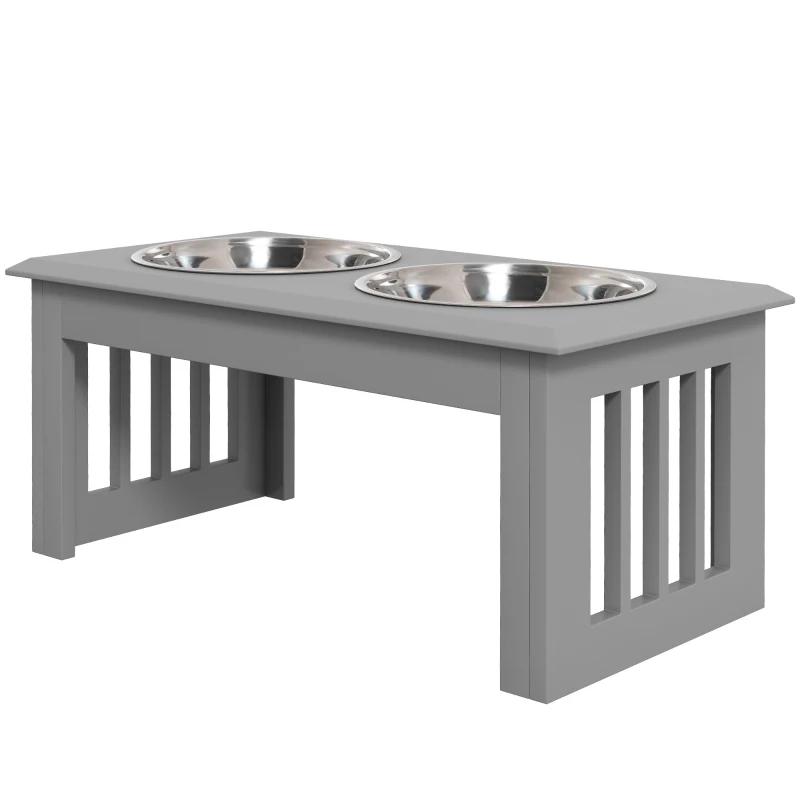 PawHut Honden Voederstation met 2 Roestvrijstalen Bakken, Antislip, 58,4x30,5x25,4cm, Grijs