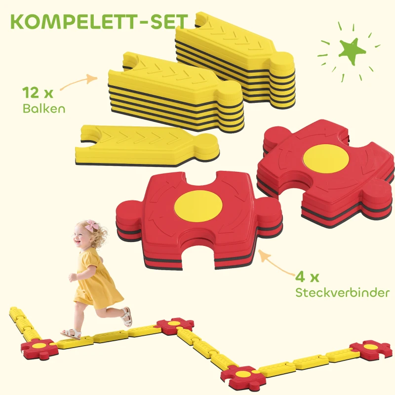 AIYAPLAY Kinder Balansbalk Set, vrij ontwerpbaar, kunststof, flexibele onderdelen, Geel+Rood