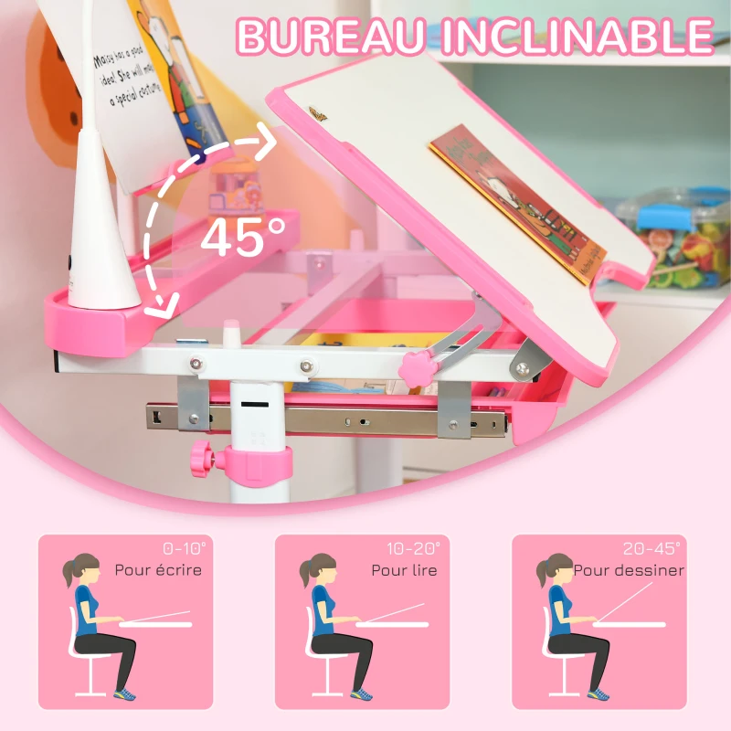 HOMCOM Ensemble chaise et bureau pour enfants avec lampe LED hauteur réglable plateau incliné support de lecture rose