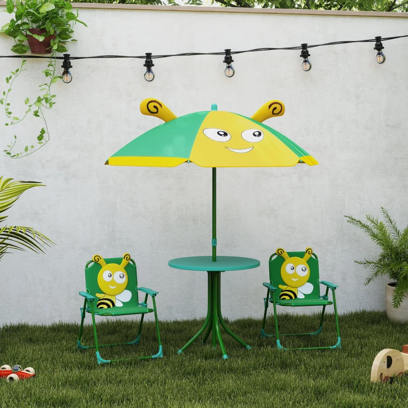 AIYAPLAY Gartenmöbel-Set für Kinder, Stühle, Tisch, Sonnenschirm, Bienen-Design, Grün+Gelb