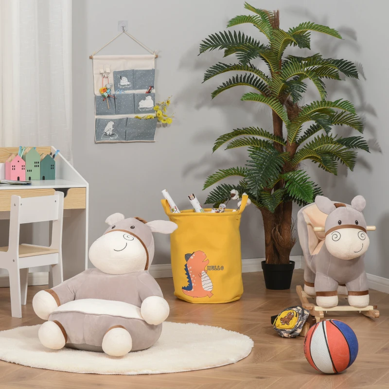 HOMCOM Puff Infantil Diseño de Burrito Sillón para Niños 18-36 Meses de Franela Asiento Acolchado Alfombra Antideslizante para Dormitorio Sala de Juegos 60x55x60 cm Gris