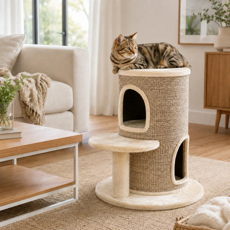 PawHut Kattenvat, krabpaal met 2 niveaus, springplatform, uitkijkpunt, krabmat, om te rusten en te spelen, beige(m-2)