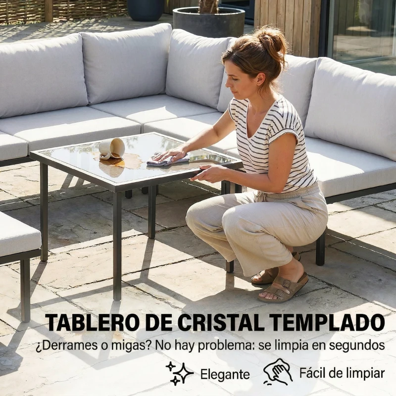 Outsunny Conjunto de Jardín Exterior de 6 Piezas con Sofá 2 Plazas Módulo de Esquina 2 Sillones Reposapiés Mesa de Vidrio Gris