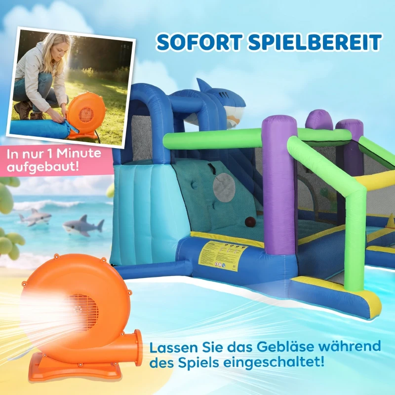 AIYAPLAY 8-in-1 aufblasbar Hüpfburg mit Hai-Design Gebläse Rutsche Planschbecken Trampolin für 3–8 Jahre 405x345x235cm Mehrfarbig