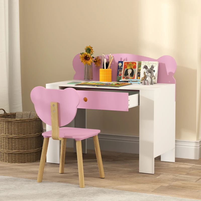 AIYAPLAY Set Scrivania per Bambini con Cassetto e Sedia con Schienale a Orsetto, Età 3-8 Anni, Rosa