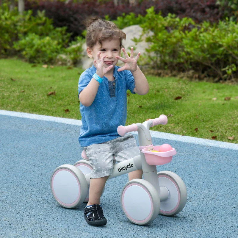 AIYAPLAY Bicicleta sin Pedales para Niños de 12-36 Meses con Asiento Ajustable Cesta y 4 Ruedas Silenciosas 56x27x39 cm Rosa