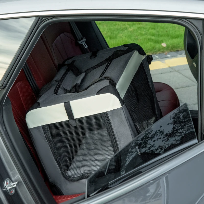 PawHut Sac de transport pliable - poignée, 3 entrées zippées, poche - coussin amovible - acier oxford polyester gris noir