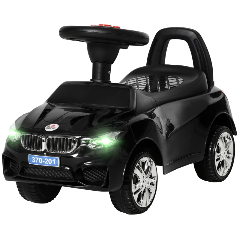 HOMCOM Porteur enfants voiture, véhicule à pousser avec coffre à jouets, klaxon, phares et musique, 63,5 x 28 x 36 cm, noir(m-12)