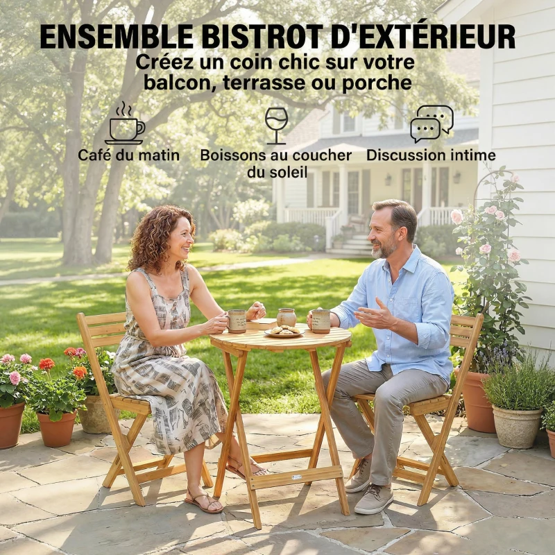 Outsunny Ensemble de Bistrot 3 Pièces Pliable en Bois d'Acacia avec Table Ronde et 2 Chaises, san Montage, 60x60x75cm, Naturel