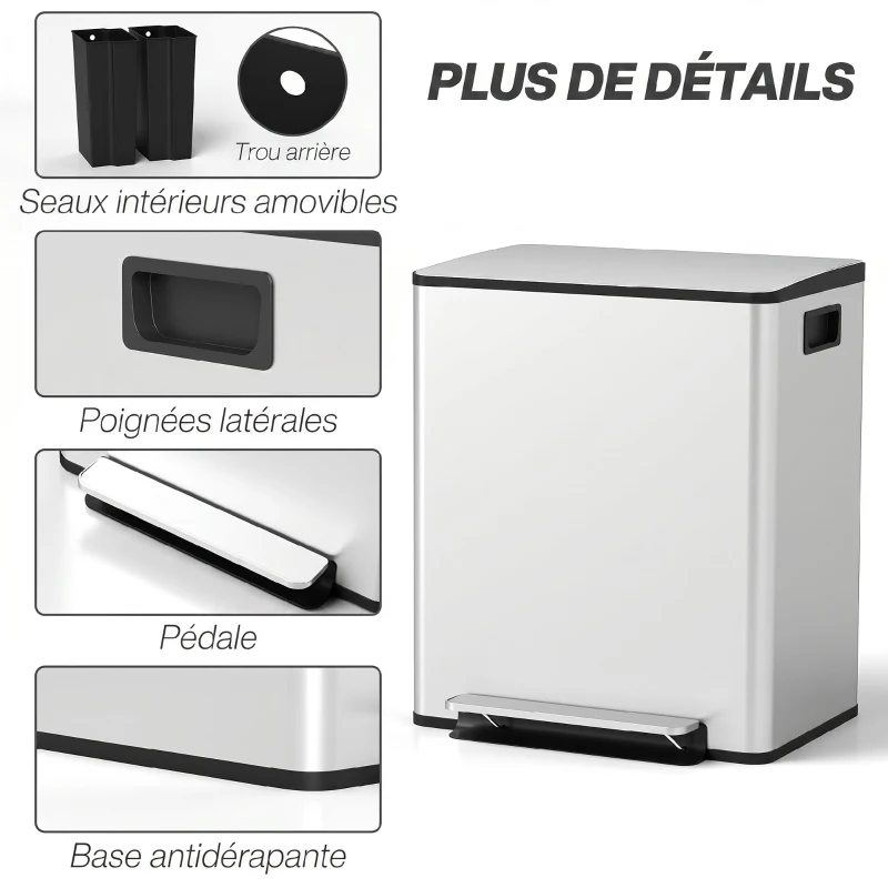 HOMCOM Poubelle de cuisine 2 compartiments de 2 x 25L, acier inoxydable, couvercle à fermeture douce, 47,7x37,5x56cm, argent
