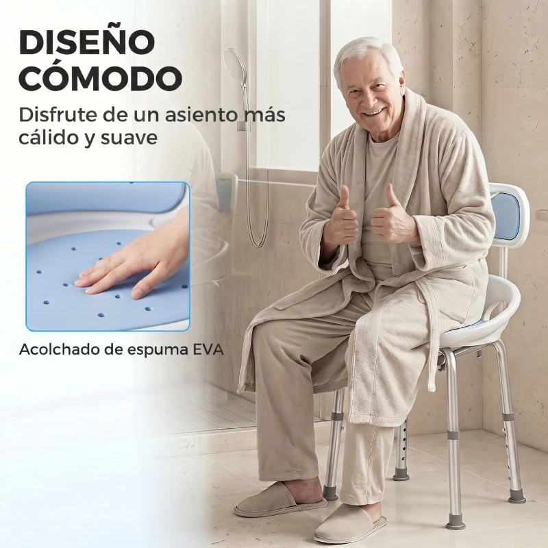 HOMCOM Silla Ducha Personas Mayores con Protectores Laterales Respaldo Antideslizantes Altura Regulable Carga 136 kg Azul