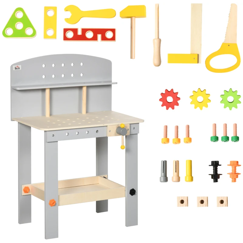 HOMCOM Etabli et outils pour enfant - jeu d'imitation bricolage - nombreux accessoires 31 pièces - MDF gris bois pin