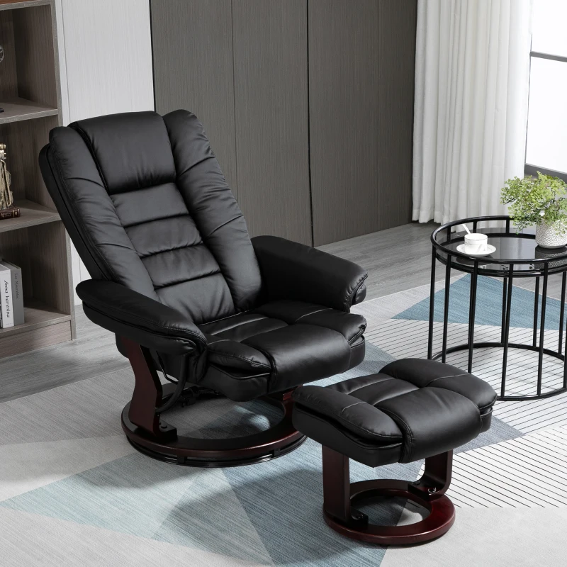 HOMCOM Relaxfauteuil met voetenbank, draaibare ligstoel, verstelbare rugleuning, lederlook, tot 130 kg, zwart