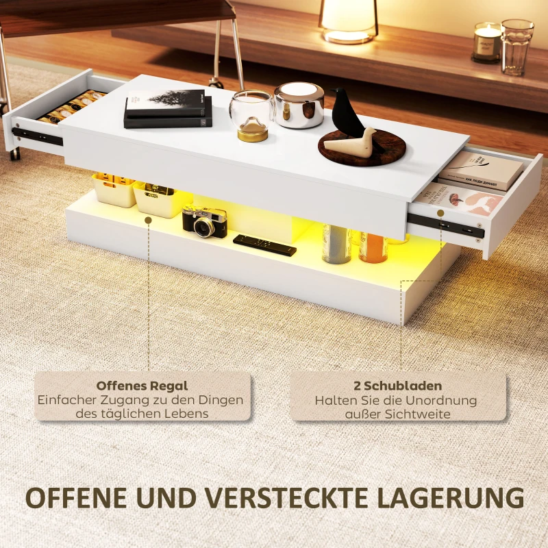 HOMCOM Woonkamertafel met lades en ledverlichting, moderne sofatafel met open vak, salontafel van spaanplaat, wit(m-5)