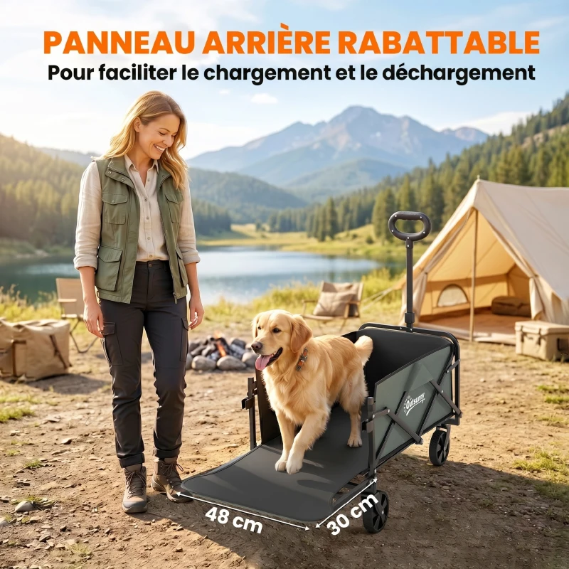 Outsunny Chariot de transport pliable chariot à roulettes avec poignée télescopique avec ouverture arrière 76 x 48 x 92 cm vert