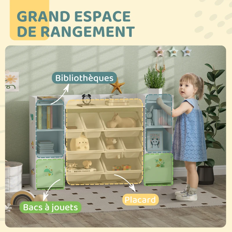 AIYAPLAY Meuble rangement enfant, étagère de rangement pour jouets enfants avec 8 bacs amovibles, 140 x 30 x 90 cm, blanc
